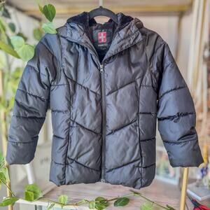 Swiss Tech Black Puffer Jacket/Coat w/ Hood & Faux Fur Lining, Kids Medium 7/8